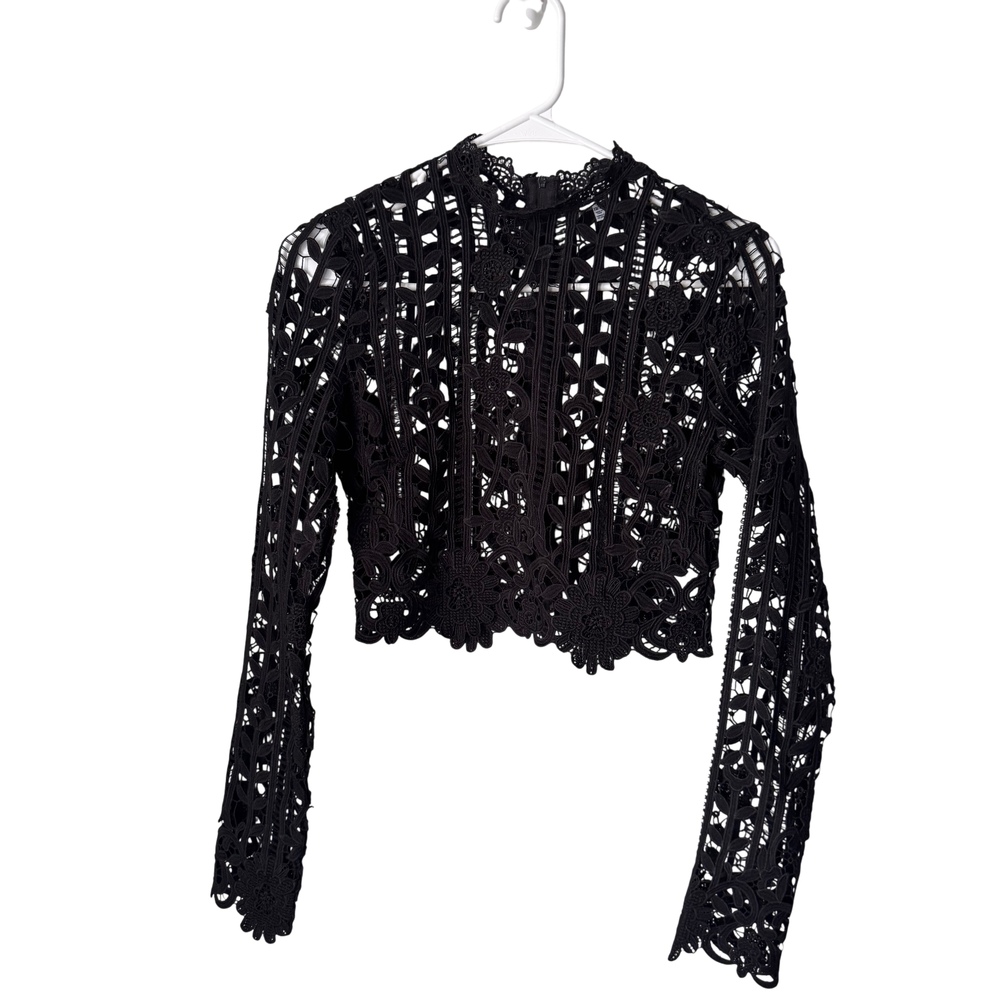 Tobi Black Crochet Lace Long-Sleeve Crop Top